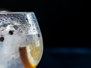 close-up photography of chilled wine glass with clear beverage and slice of lemon