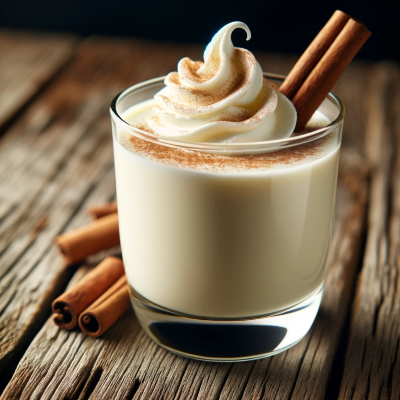 DALL·E 2024-01-30 09.16.27 – A glass of eggnog, decorated with whipped cream and a cinnamon stick, set on a rustic wooden table. The drink is in a clear glass, allowing the rich,